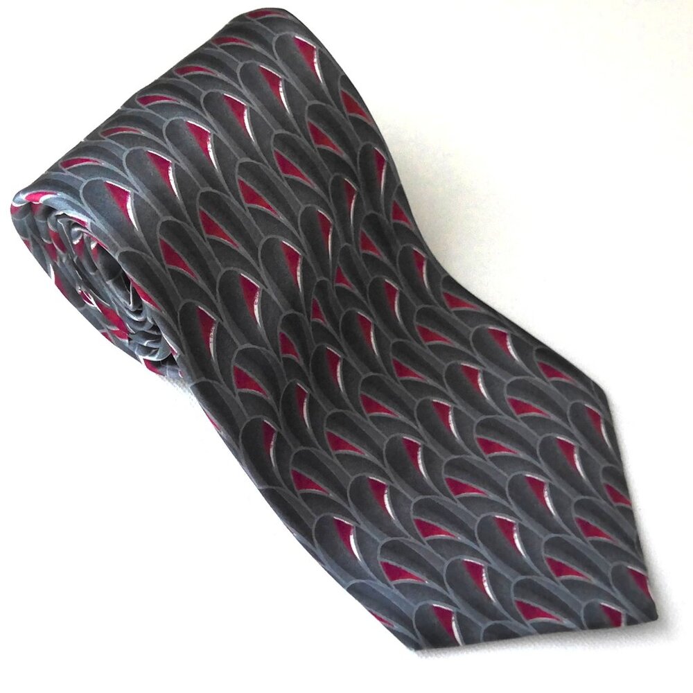 Vtg Stafford Executive Men's Silk Necktie Retro Red Gray & White Geometric EUC
